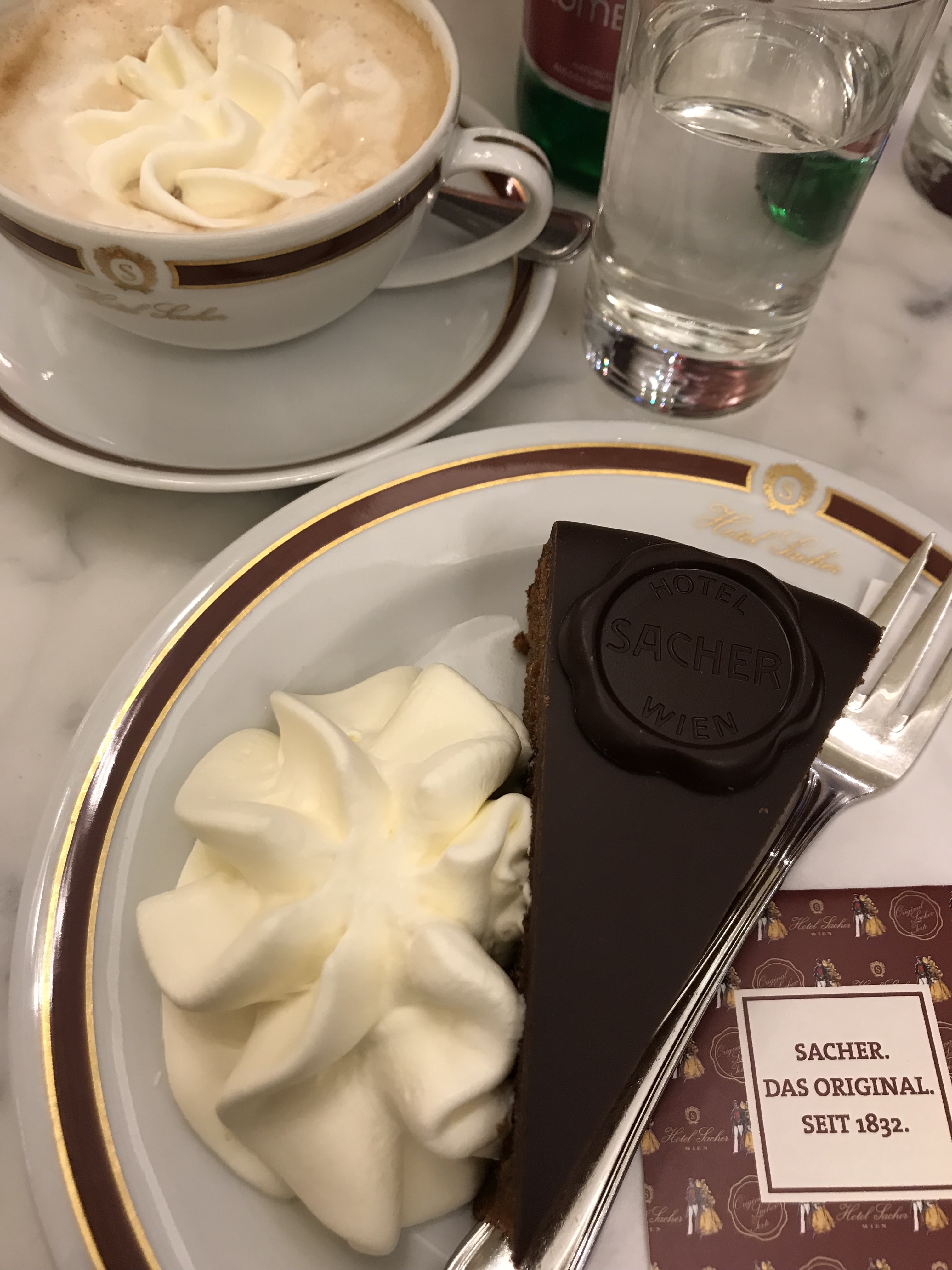 Sachertorte chocolate cake with whipped cream at Hotel Sacher in Vienna